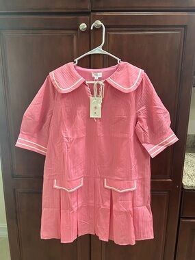LOVELO Pink Sailor-Collar Dress with White Trim